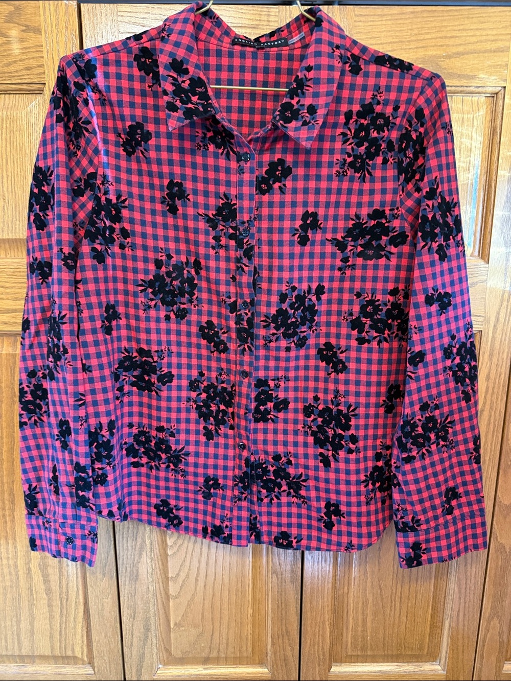 English Factory Red and Navy Plaid, w/ Black Floral, Button-Down Shirt- XL
